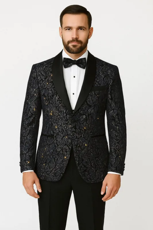Mens Navy Black Glitter Floral Tuxedo Dinner Jacket with Satin Lapel- Blue Blazer Sequin Fabric made by Alberto Nardoni
