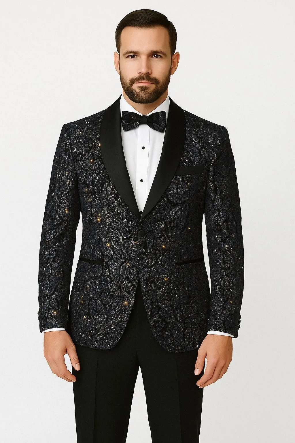 Mens Navy Black Glitter Floral Tuxedo Dinner Jacket with Satin Lapel- Blue Blazer Sequin Fabric sold by Alberto Nardoni