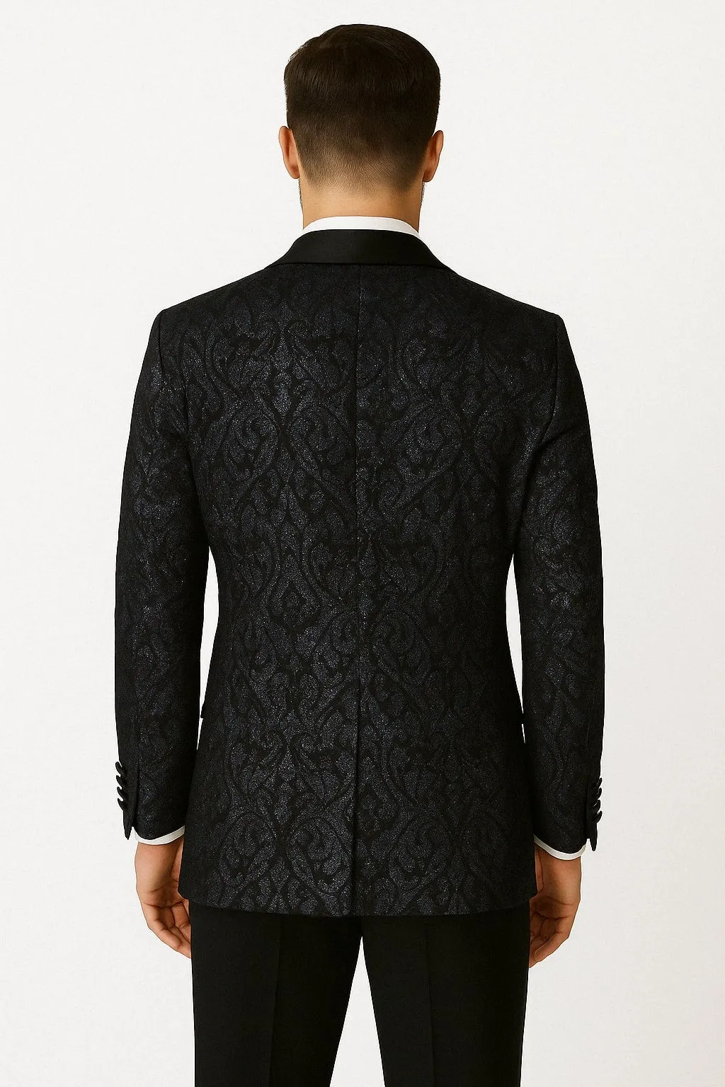 Mens Navy Black Glitter Floral Tuxedo Dinner Jacket with Satin Lapel- Blue Blazer Sequin Fabric sold by Alberto Nardoni product image thumbnail 2