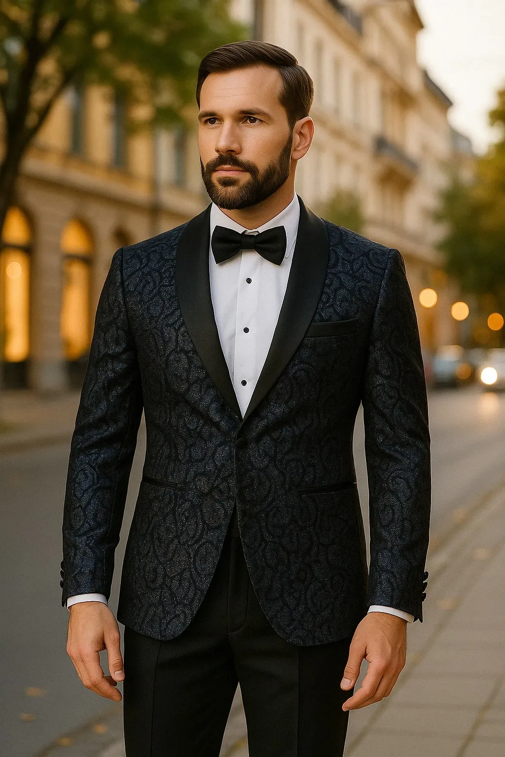 Mens Navy Black Glitter Floral Tuxedo Dinner Jacket with Satin Lapel- Blue Blazer Sequin Fabric sold by Alberto Nardoni product image thumbnail 3