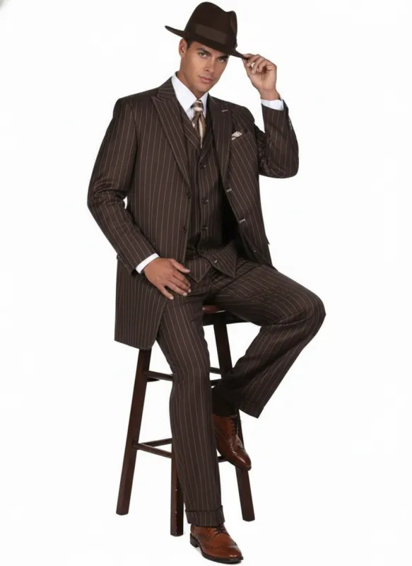 Men’s Brown Pinstripe 3-Piece Suit – Classic Wide Lapel Zoot Suit Classic Fit Pleated Pants sold by Alberto Nardoni