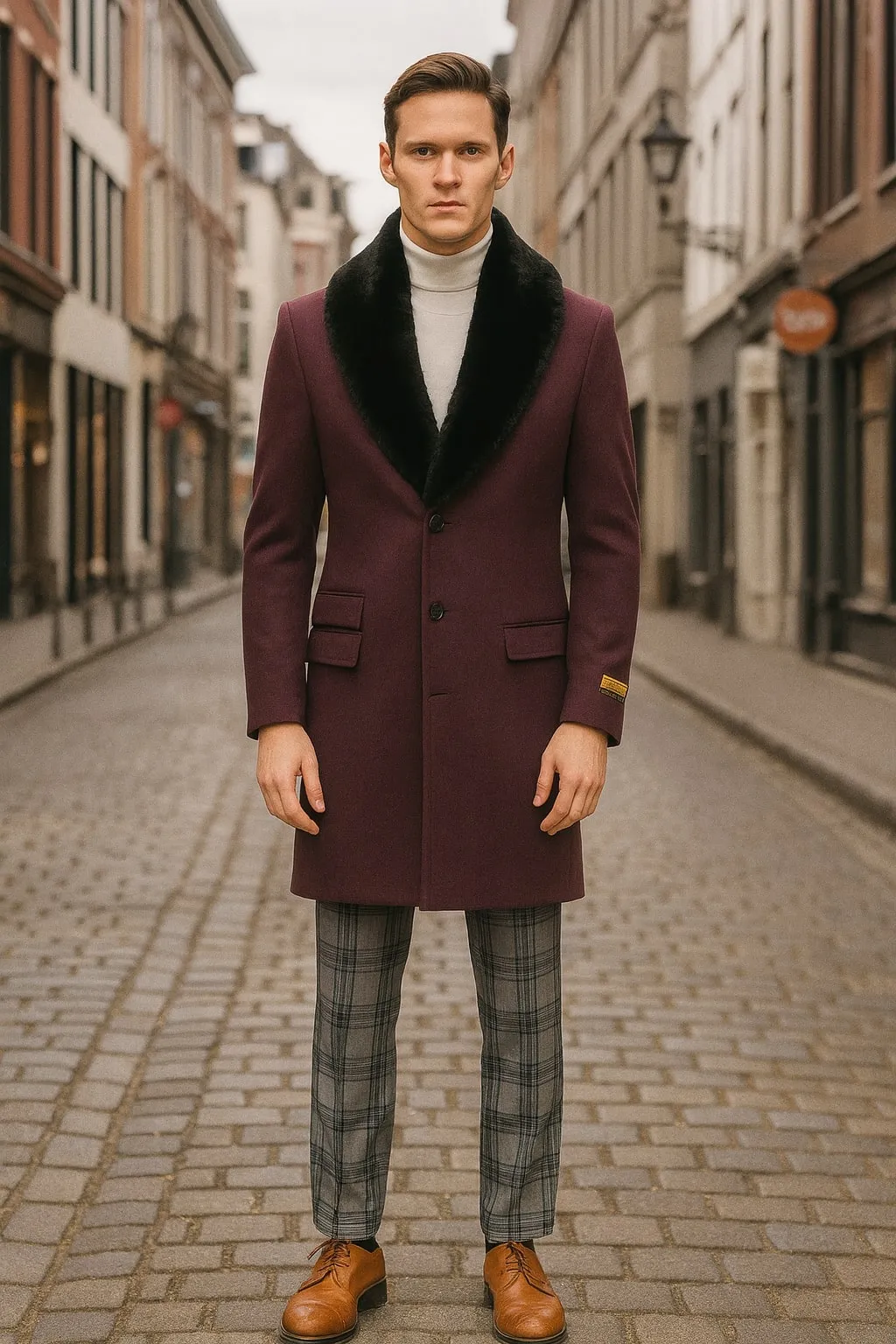 Mens Purple Wool Overcoat with Black Faux Fur Collar - Luxury Winter Dress Coat for Formal and Casual Wear sold by Alberto Nardoni product image thumbnail 4