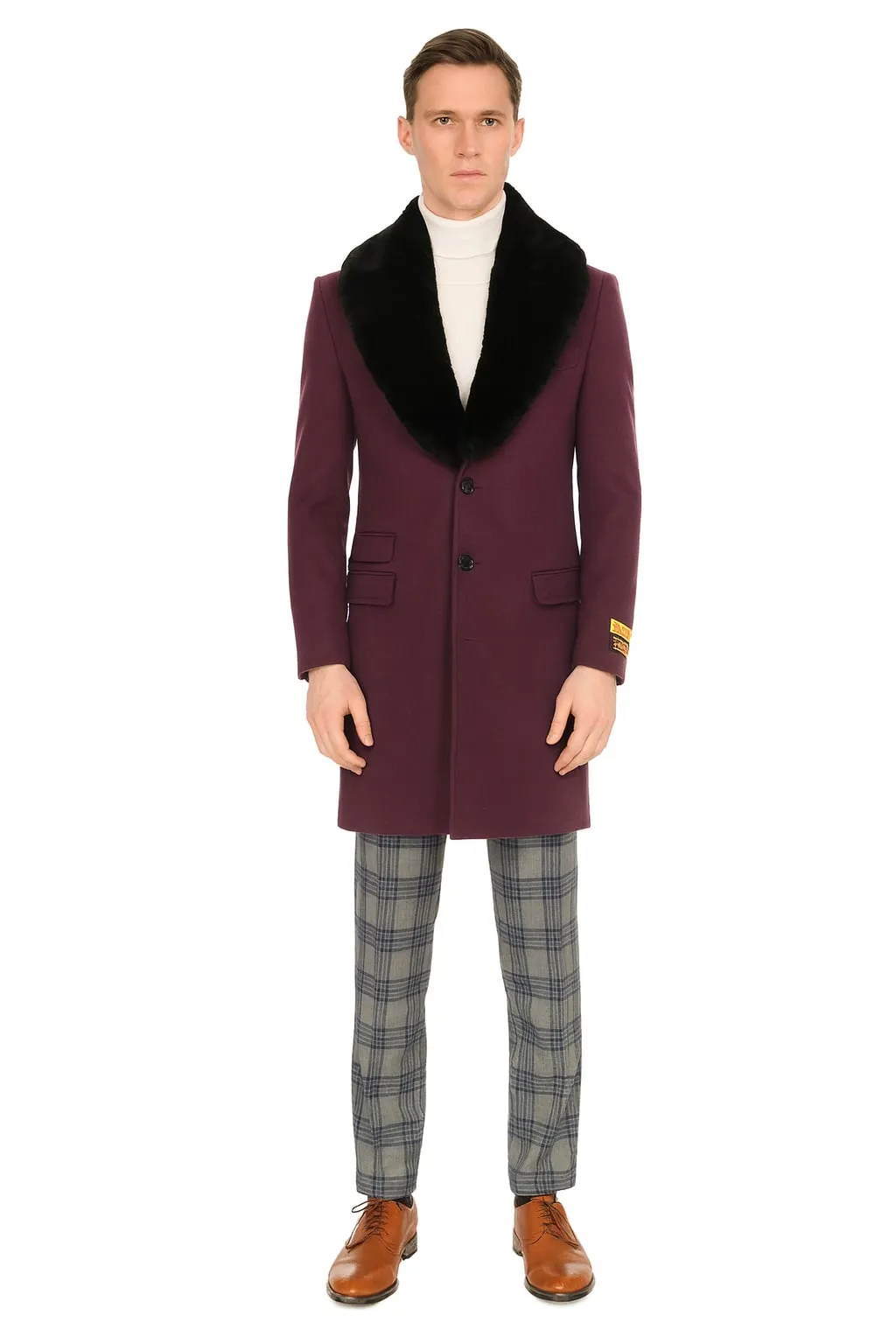 Mens Purple Wool Overcoat with Black Faux Fur Collar - Luxury Winter Dress Coat for Formal and Casual Wear sold by Alberto Nardoni