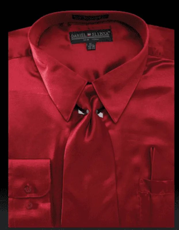 Burgundy Men's Regular Fit Satin Dress Shirt Set with Tie & Pocket Square sold by Alberto Nardoni