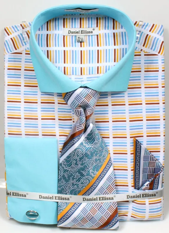 "Turquoise Men's Stripe Dress Shirt & Tie Set - Wide Spread Collar, Contrast Cuff" sold by Alberto Nardoni