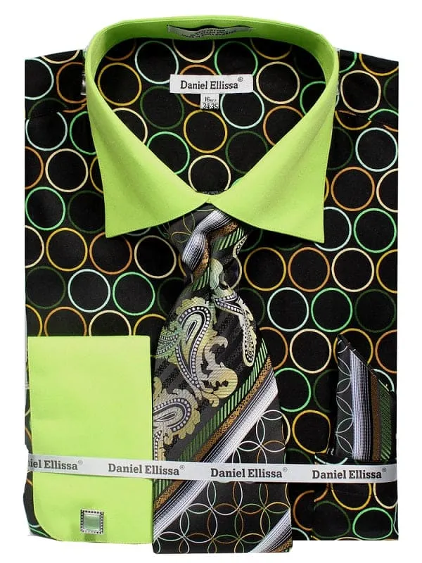 "Men's Circle Print French Cuff Dress Shirt & Tie Set - Contrast Collar" made by Alberto Nardoni