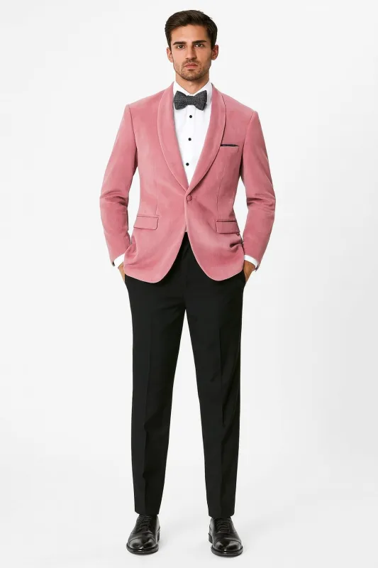 Mens Pink Velvet Tuxedo Dinner Jacket with Shawl Lapel - Slim Fit Blazer for Weddings, Prom in Rose Gold Color sold by Alberto Nardoni