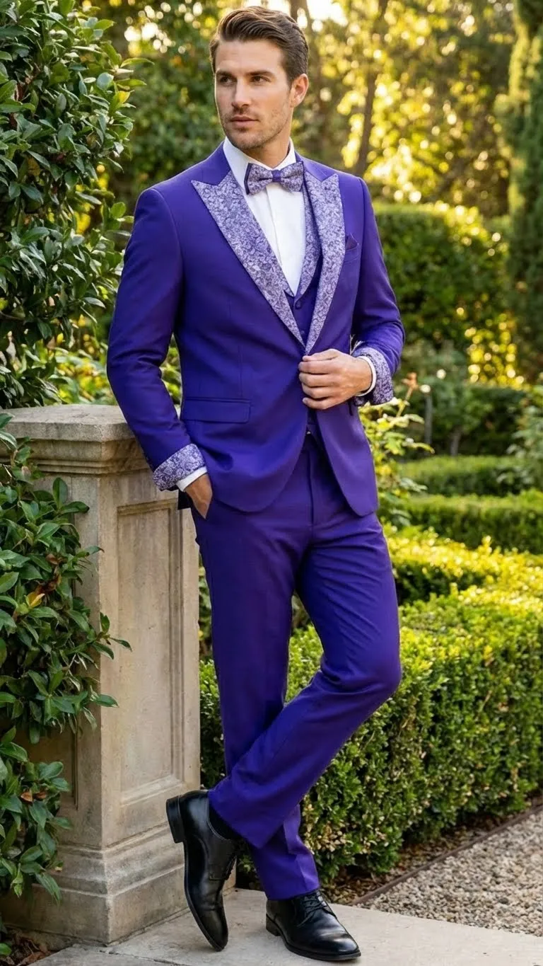 Men’s Purple and white sivler lapel Embellished Tuxedo Suit – Formal Wedding, Prom, and Gala Outfit Mardi Gras sold by Alberto Nardoni product image thumbnail 4