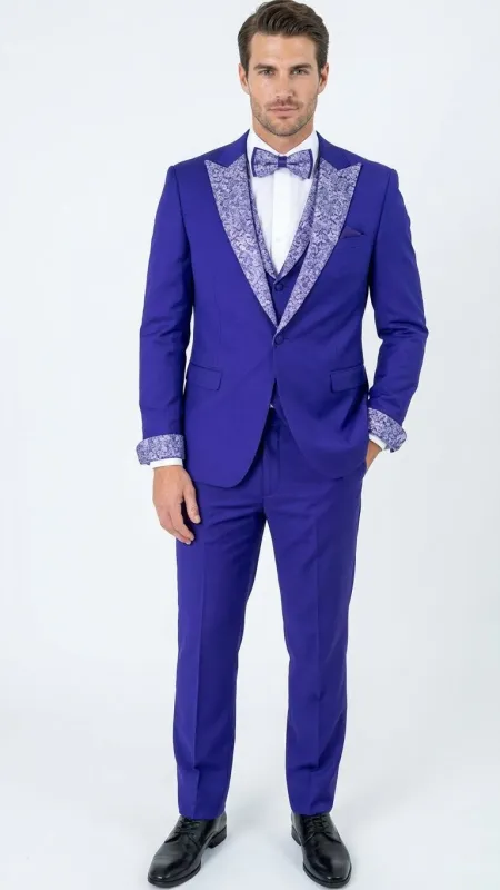 Menâ€™s Purple and white sivler lapel  Embellished Tuxedo Suit â€“  Formal Wedding, Prom, and Gala Outfit Mardi Gras sold by Alberto Nardoni