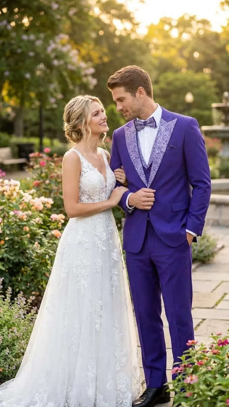 Men’s Purple and white sivler lapel Embellished Tuxedo Suit – Formal Wedding, Prom, and Gala Outfit Mardi Gras sold by Alberto Nardoni product image thumbnail 3