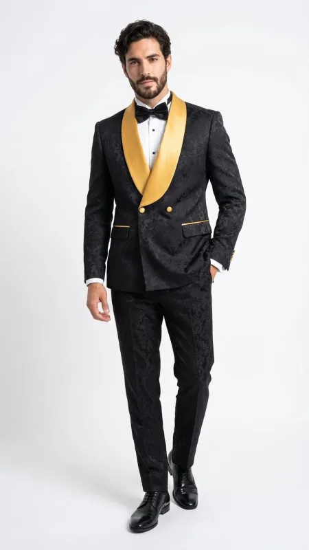 Men’s Black and Gold Jacquard Tuxedo Suit – Luxury Slim Fit Formal Wedding, Prom, and Gala Outfit sold by Alberto Nardoni