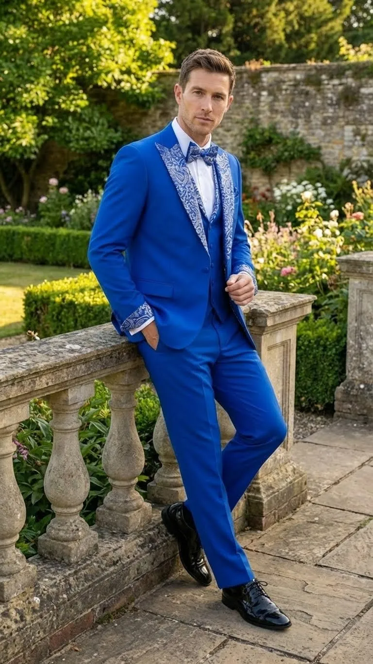 Men’s Bright Royal Blue and White lapel Embellished Tuxedo Suit – 3-Piece Formal Wedding, Prom, and Gala Outfit sold by Alberto Nardoni product image thumbnail 5