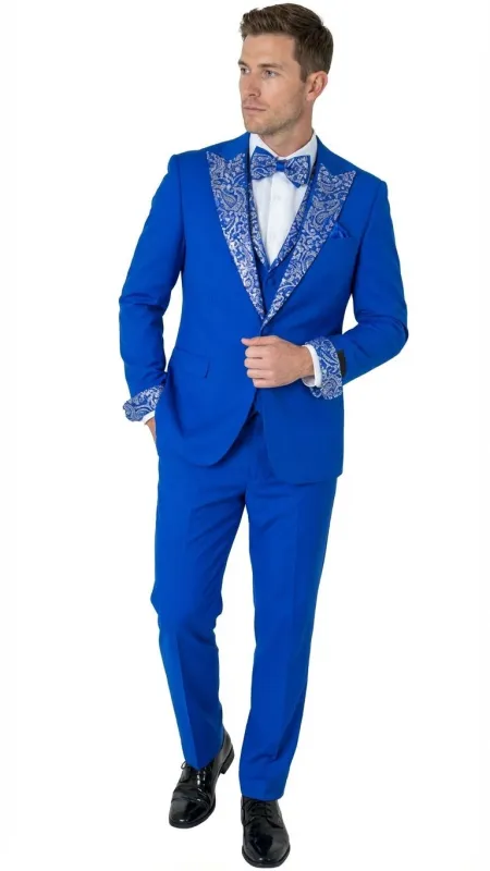 Menâ€™s Bright Royal Blue and White lapel  Embellished Tuxedo Suit â€“  3-Piece Formal Wedding, Prom, and Gala Outfit sold by Alberto Nardoni