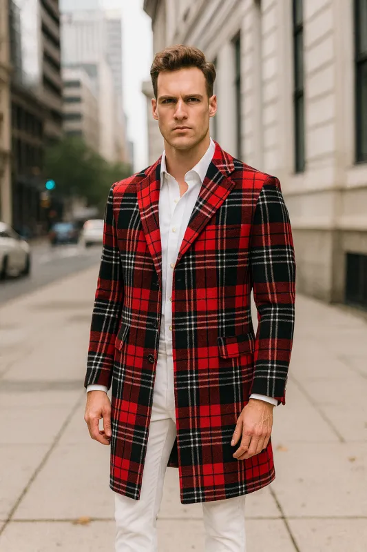 Men’s Red Plaid Wool Overcoat – Classic Tartan Check Long Coat for Stylish Winter Wear sold by Alberto Nardoni