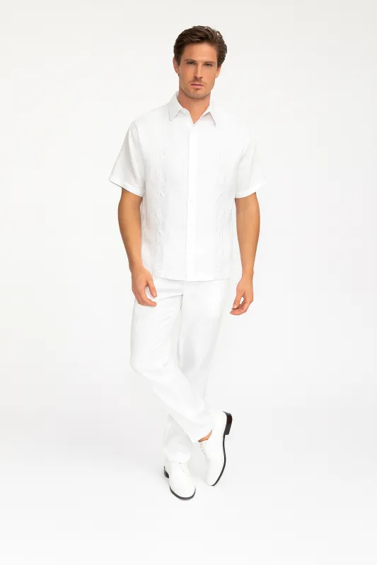 Men’s White Embroidered Guayabera Two-Piece Set – Short Sleeve Shirt and Pants sold by Alberto Nardoni