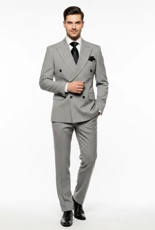 Men’s Grey and Black Pinstripe Double-Breasted Suit – 1920s Gangster Vintage Looking suit By Rossiman sold by Alberto Nardoni