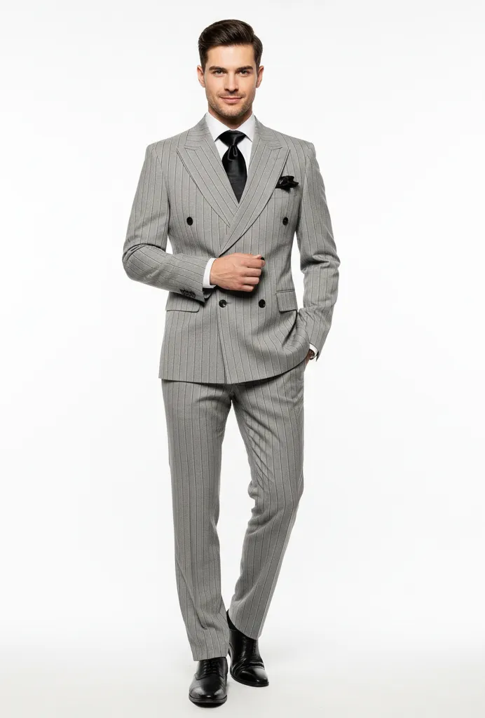 Men’s Grey and Black Pinstripe Double-Breasted Suit – 1920s Gangster Vintage Looking suit By Rossiman sold by Alberto Nardoni