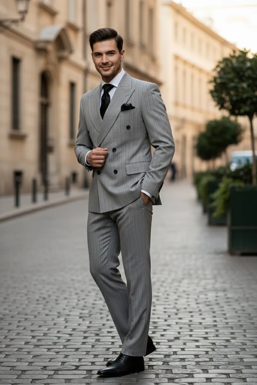 Men’s Grey and Black Pinstripe Double-Breasted Suit – 1920s Gangster Vintage Looking suit By Rossiman sold by Alberto Nardoni product image thumbnail 5
