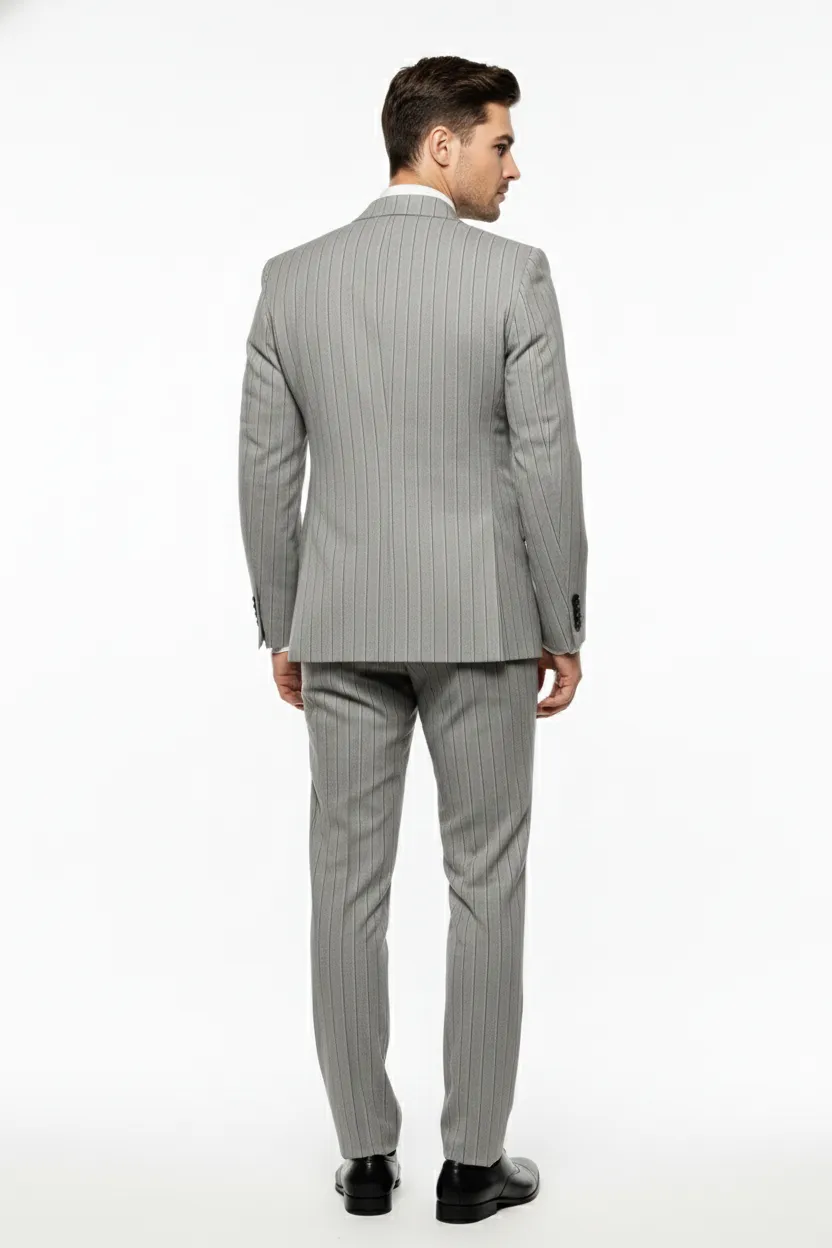 Men’s Grey and Black Pinstripe Double-Breasted Suit – 1920s Gangster Vintage Looking suit By Rossiman sold by Alberto Nardoni product image thumbnail 2