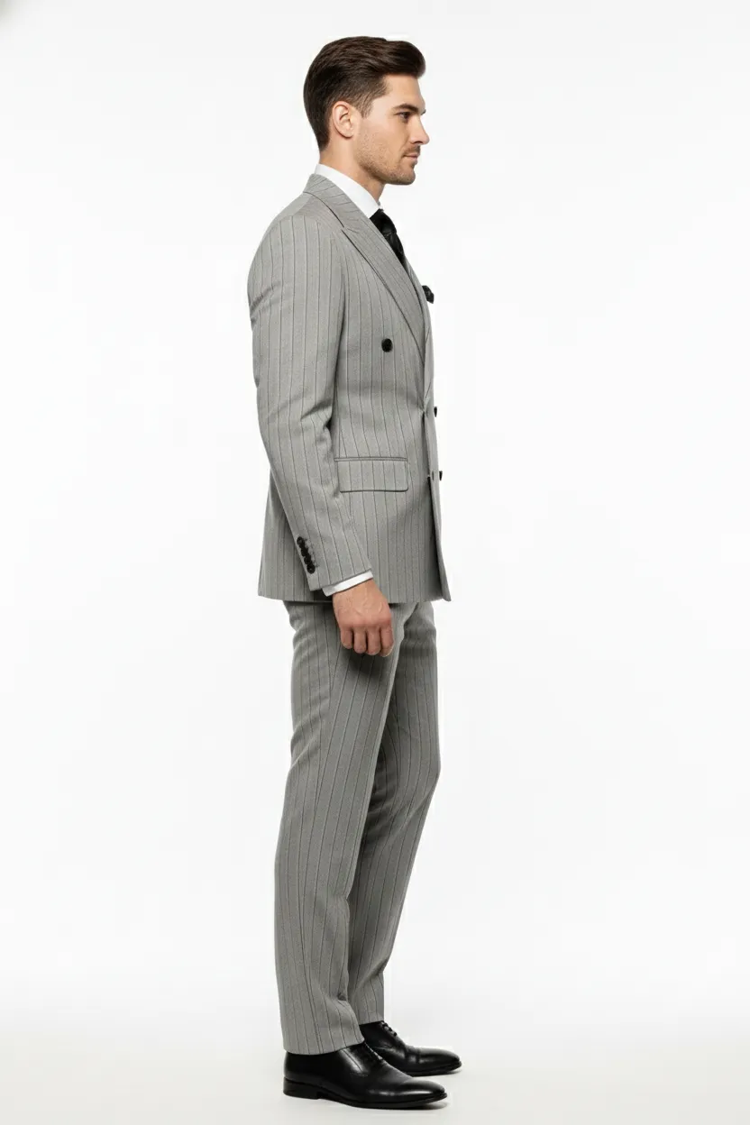Men’s Grey and Black Pinstripe Double-Breasted Suit – 1920s Gangster Vintage Looking suit By Rossiman sold by Alberto Nardoni product image thumbnail 3