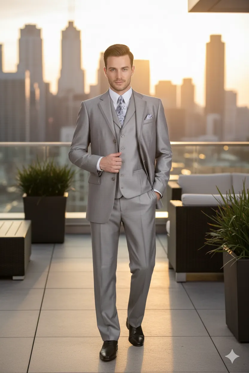 Men’s Light Gray 3-Piece Modern Fit Suit with Vest – Classic Formal Business and Wedding Attire sold by Alberto Nardoni product image thumbnail 4