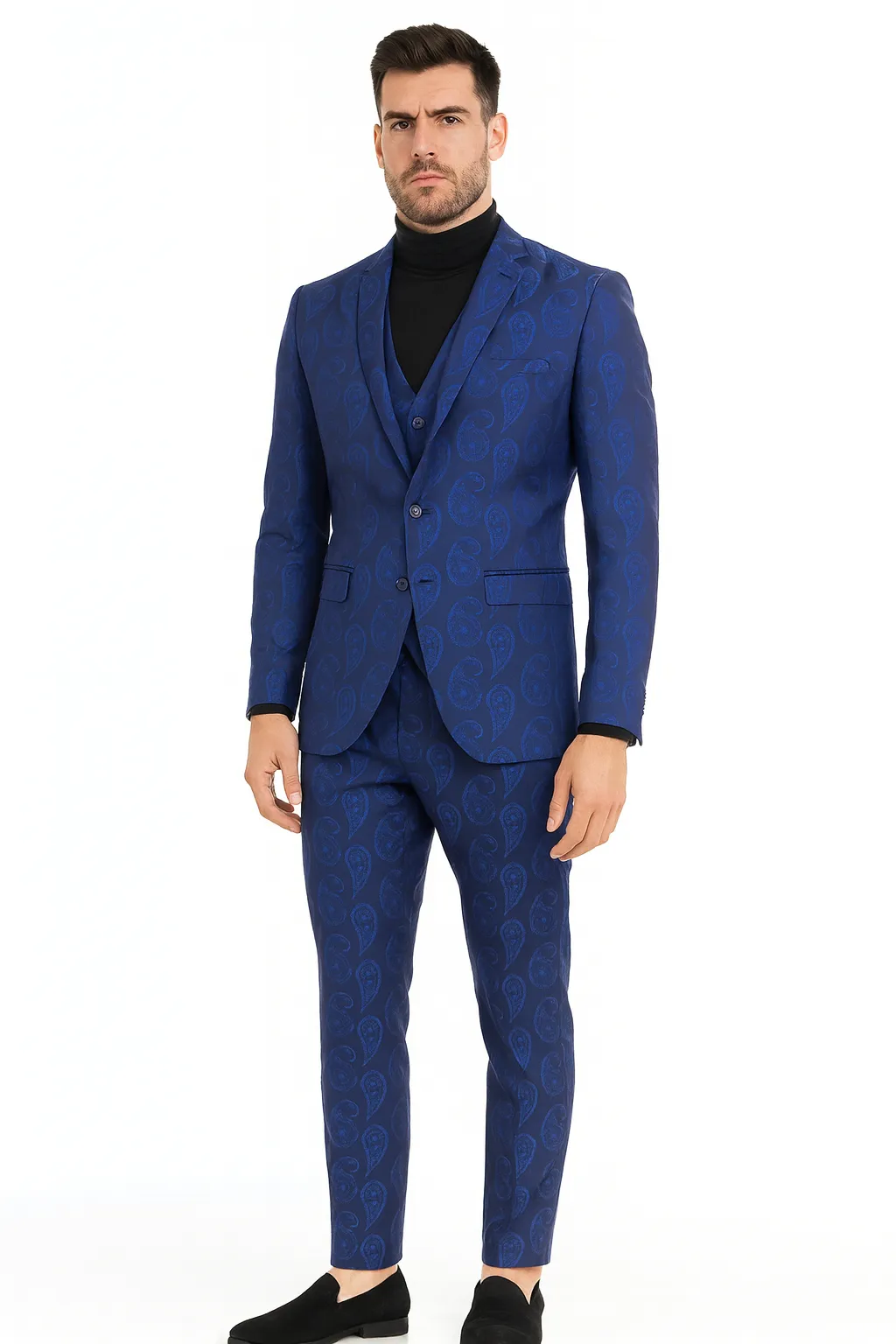 Men’s Sapphire Blue Paisley 3-Piece Suit – Slim Fit Designer Tuxedo Set for Weddings and Formal Events in Cobalt Blue Color sold by Alberto Nardoni product image thumbnail 3