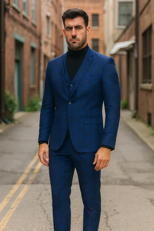 Menâ€™s Sapphire Blue Paisley 3-Piece Suit â€“ Slim Fit Designer Tuxedo Set for Weddings and Formal Events in Cobalt Blue Color sold by Alberto Nardoni