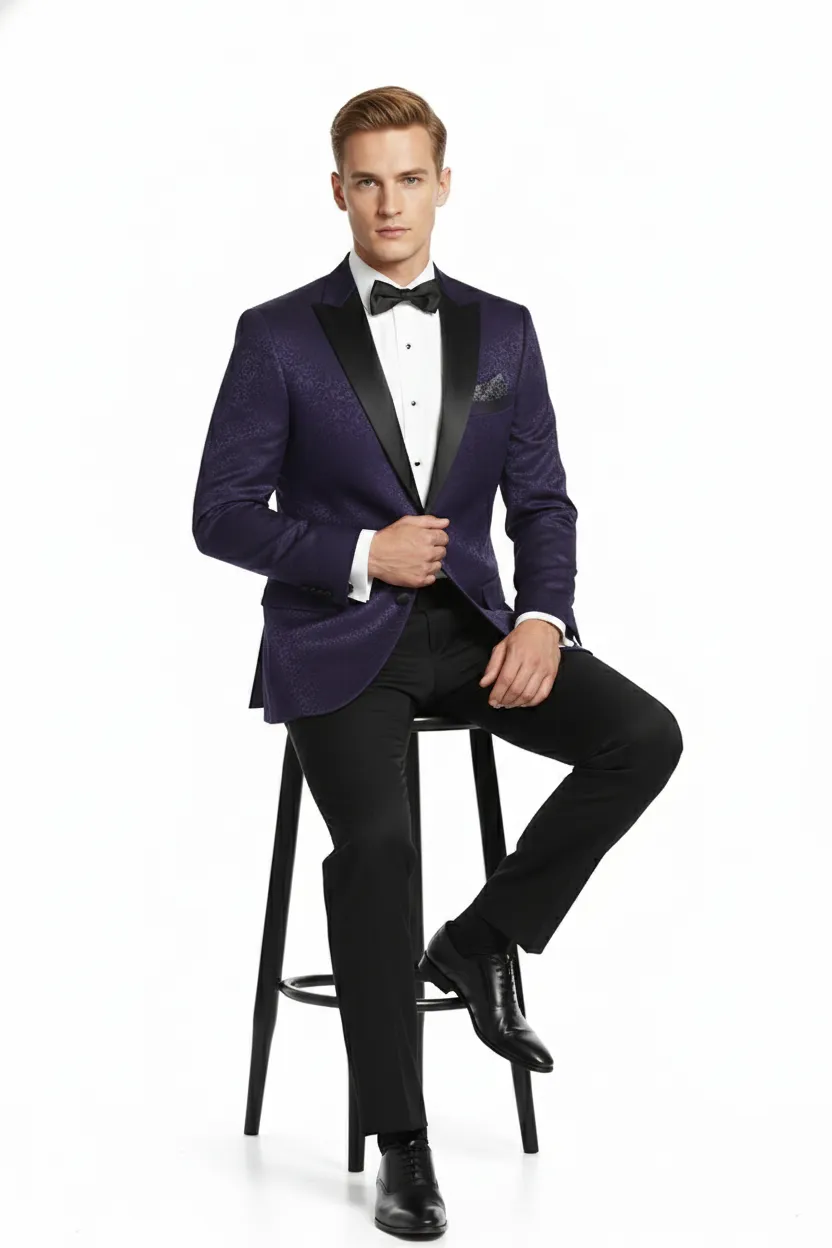Mens Purple Paisley Tuxedo Jacket Ultra Slim Fit Dinner Blazer with Black Satin Peak Lapel sold by Alberto Nardoni product image thumbnail 4