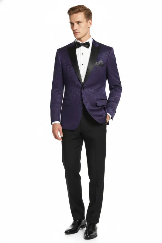 Menâ€™s Purple Paisley Tuxedo Jacket â€“ Ultra Slim Fit Dinner Blazer with Black Satin Peak Lapel sold by Alberto Nardoni
