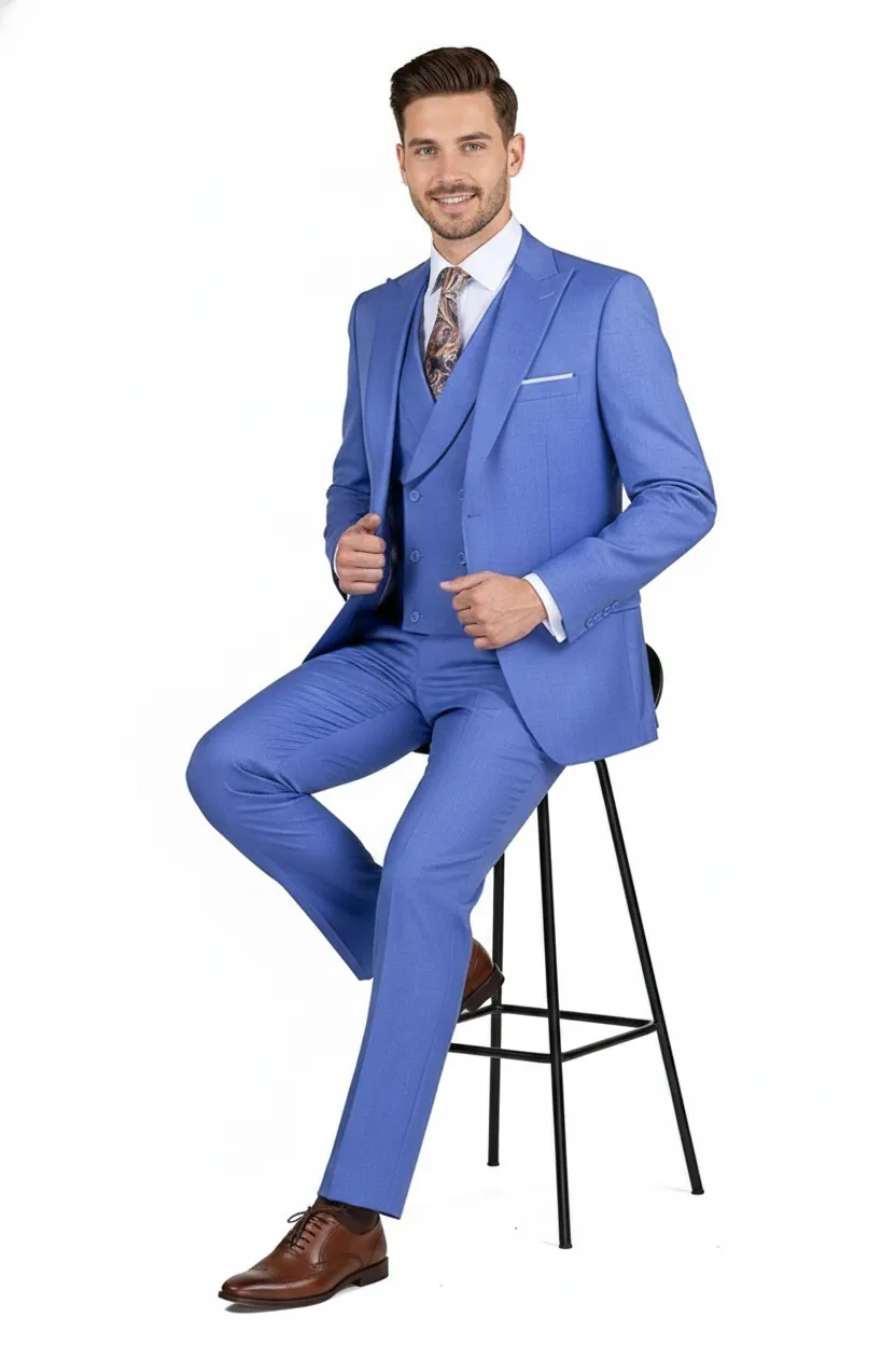 Mens Light Blue Double-Breasted 3-Piece Suit Set Tailored Fit Formal Business Suit in Steel Blue Sky Blue Color sold by Alberto Nardoni product image thumbnail 4