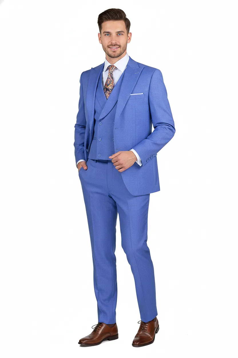 Mens Light Blue Double-Breasted 3-Piece Suit Set Tailored Fit Formal Business Suit in Steel Blue Sky Blue Color sold by Alberto Nardoni