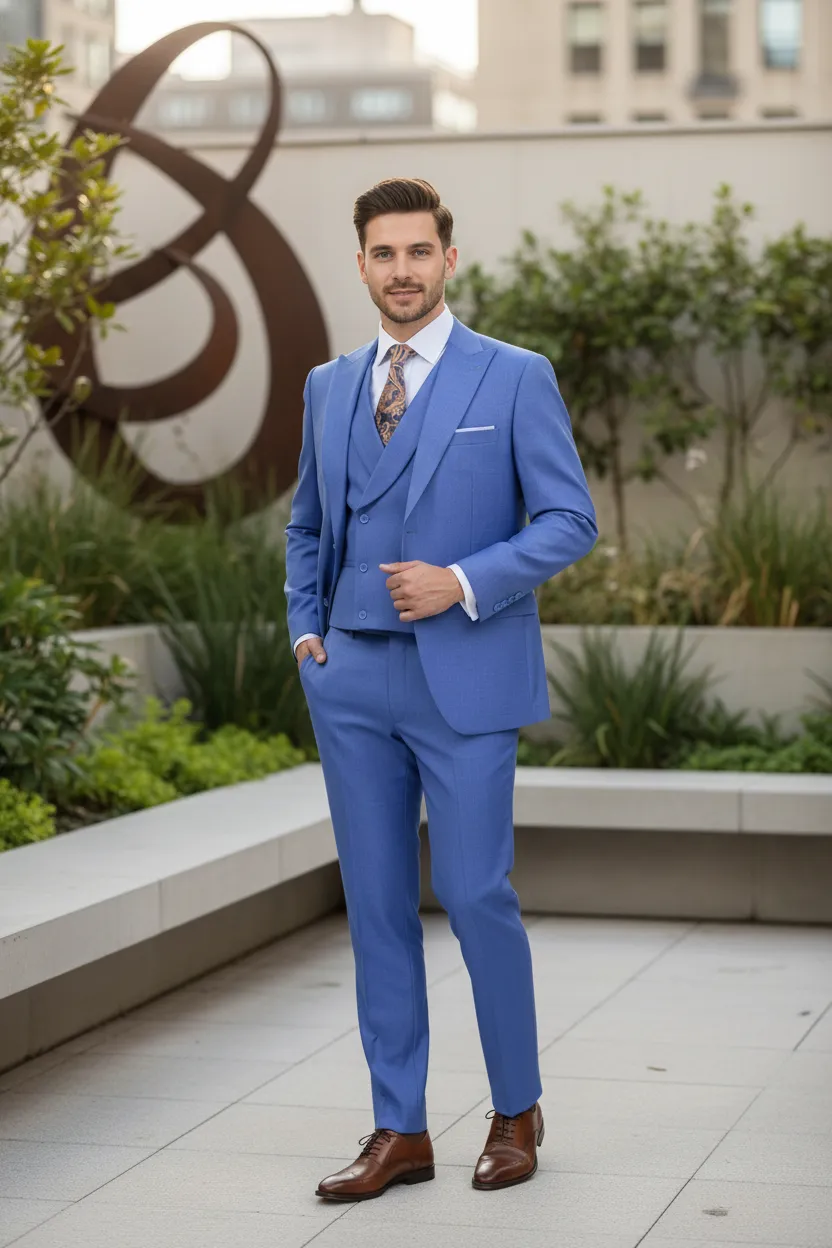 Mens Light Blue Double-Breasted 3-Piece Suit Set Tailored Fit Formal Business Suit in Steel Blue Sky Blue Color sold by Alberto Nardoni product image thumbnail 5