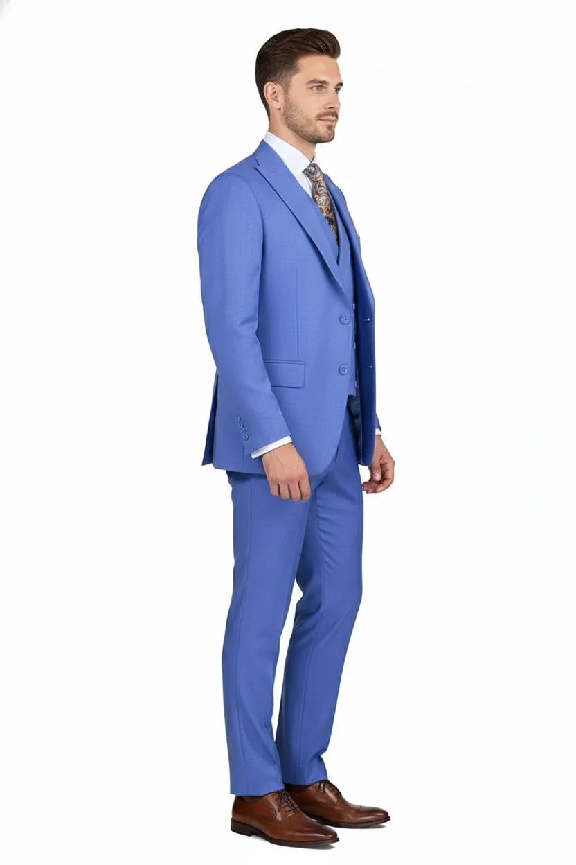 Mens Light Blue Double-Breasted 3-Piece Suit Set Tailored Fit Formal Business Suit in Steel Blue Sky Blue Color sold by Alberto Nardoni product image thumbnail 3