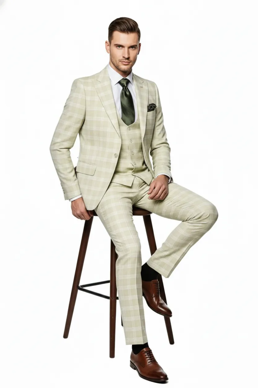 Mens Light Beige Check 3-Piece Suit Set Premium Tailored Fit Formal Wedding and Spring Event Suit Light Tan Sand Color By Rossiman sold by Alberto Nardoni product image thumbnail 4