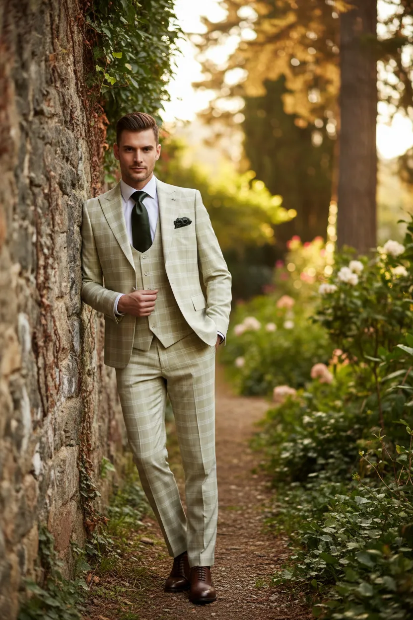 Mens Light Beige Check 3-Piece Suit Set Premium Tailored Fit Formal Wedding and Spring Event Suit Light Tan Sand Color By Rossiman sold by Alberto Nardoni product image thumbnail 2