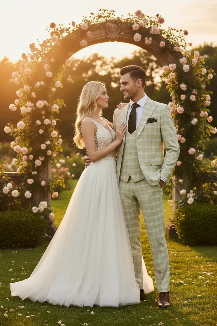 Mens Light Beige Check 3-Piece Suit Set Premium Tailored Fit Formal Wedding and Spring Event Suit Light Tan Sand Color By Rossiman sold by Alberto Nardoni product image thumbnail 3