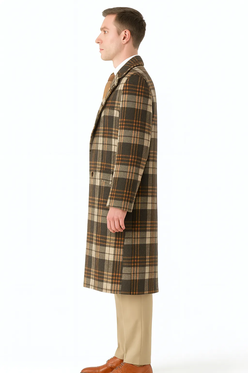 Mens Vintage Plaid Overcoat Wool Fabric Classic Retro Long Coat in Brown And Camel and Beige Color sold by Alberto Nardoni product image thumbnail 2