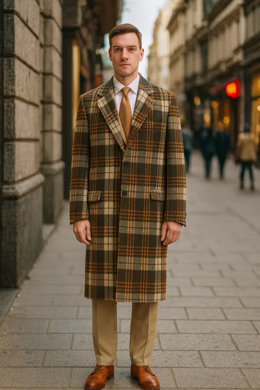 Mens Vintage Plaid Overcoat Wool Fabric Classic Retro Long Coat in Brown And Camel and Beige Color sold by Alberto Nardoni