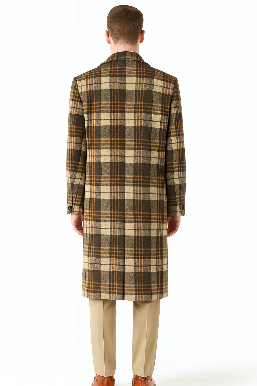 Mens Vintage Plaid Overcoat Wool Fabric Classic Retro Long Coat in Brown And Camel and Beige Color sold by Alberto Nardoni product image thumbnail 4