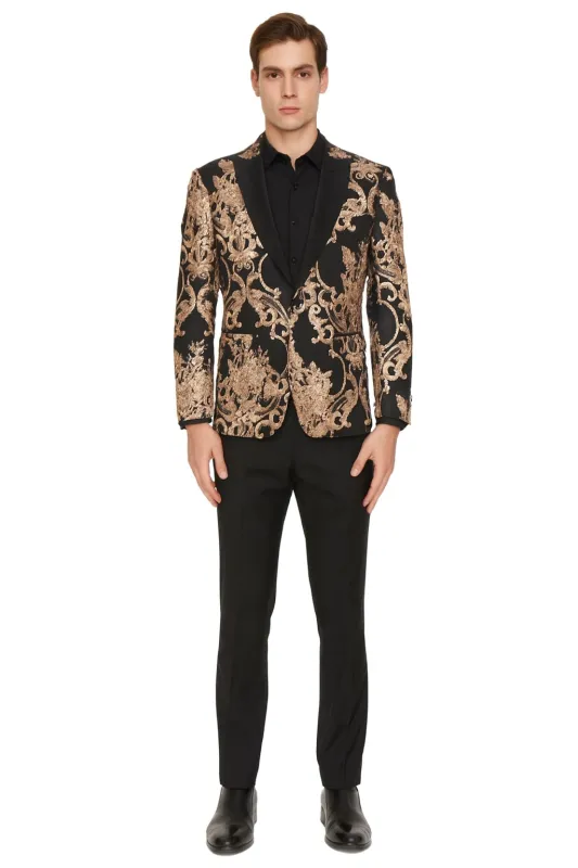 Mens Black and Rose Gold Floral Embroidered Blazer Suit Black Pants – Luxury Tuxedo Jacket for Weddings, Proms and Parties sold by Alberto Nardoni