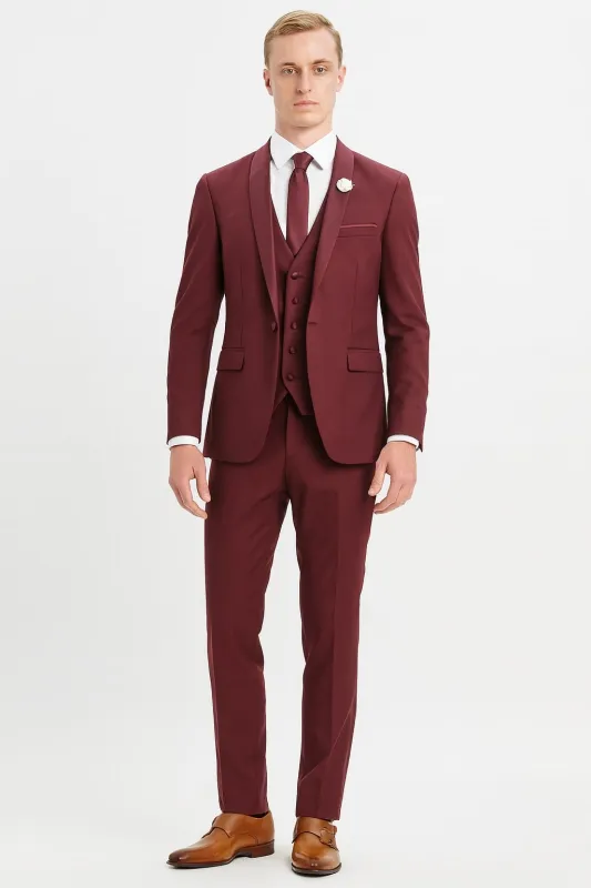 Mens 3-Piece Burgundy Slim Fit Suit with Vest – Wedding, Prom and Formal Wear sold by Alberto Nardoni