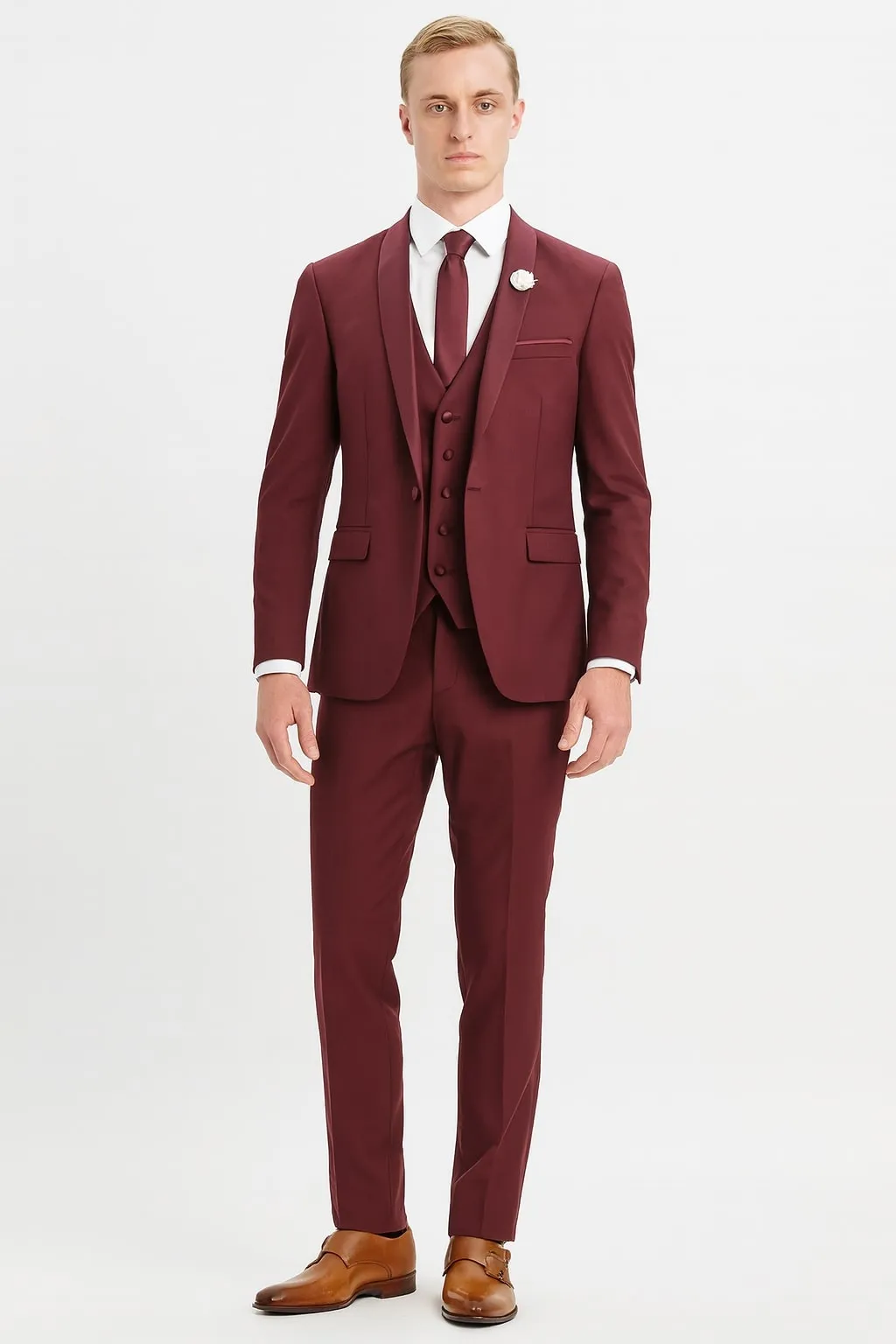 Mens 3-Piece Burgundy Slim Fit Suit with Vest - Wedding, Prom and Formal Wear sold by Alberto Nardoni