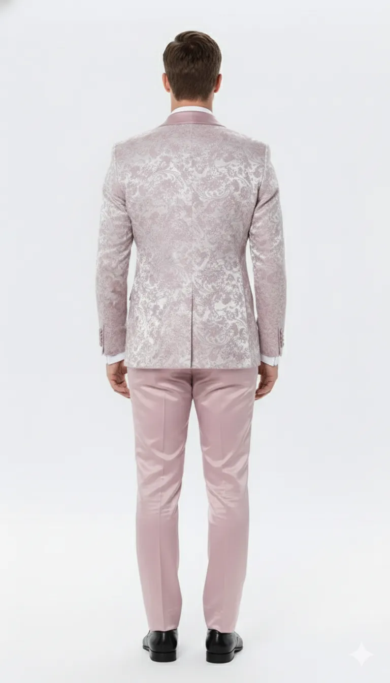 Mens Light Pink Dusty Rose - Floral Tuxedo Suit Luxury Satin Shawl Lapel 3-Piece Formal Wedding and Prom Suit in Blush Mauve color sold by Alberto Nardoni product image thumbnail 2