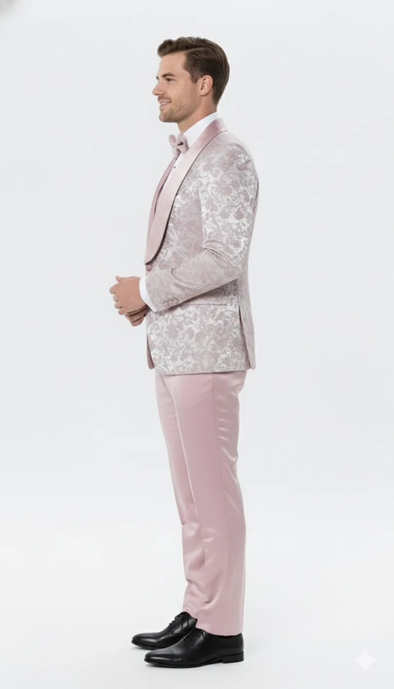 Mens Light Pink Dusty Rose - Floral Tuxedo Suit Luxury Satin Shawl Lapel 3-Piece Formal Wedding and Prom Suit in Blush Mauve color sold by Alberto Nardoni product image thumbnail 3