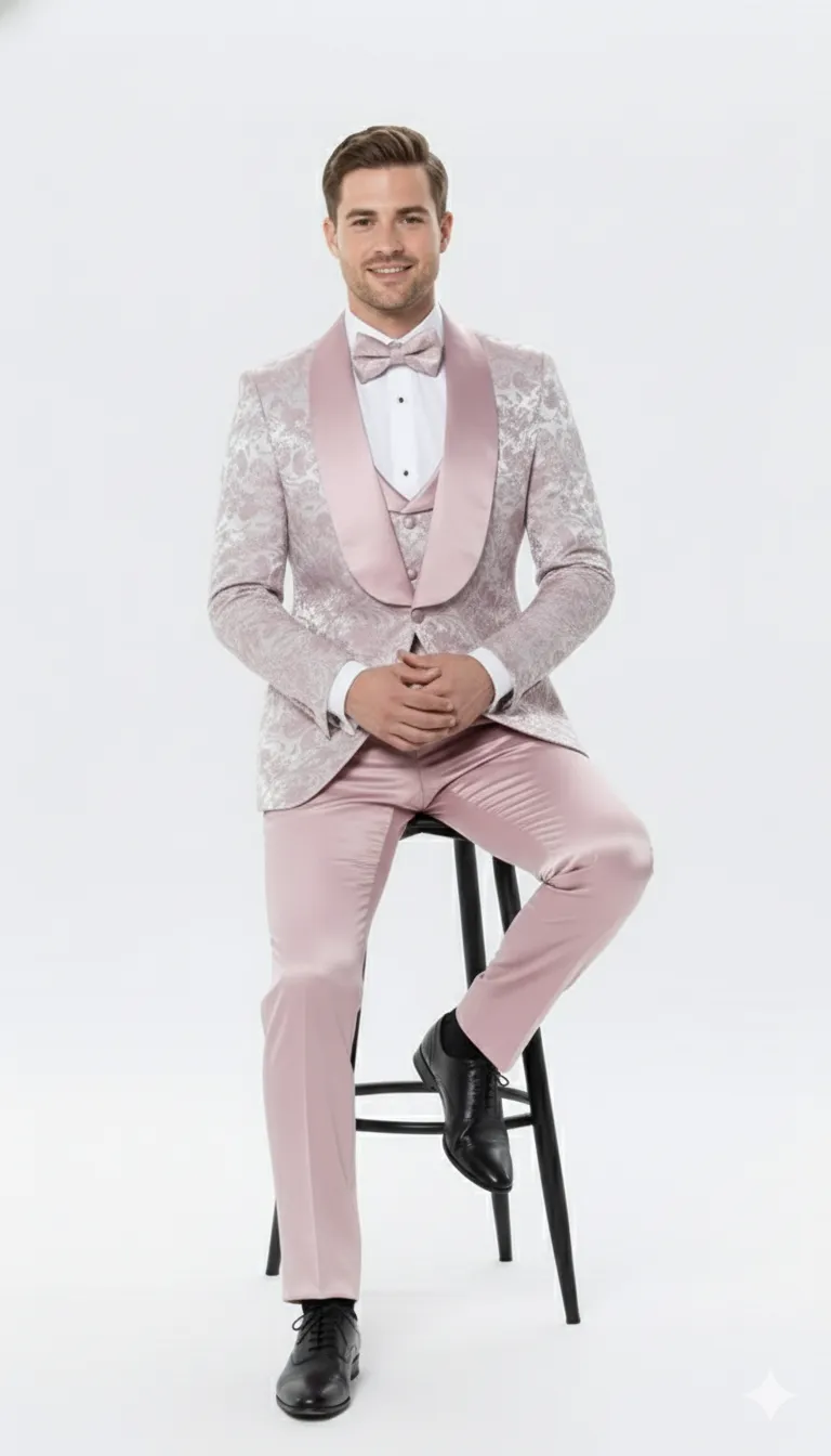 Mens Light Pink Dusty Rose - Floral Tuxedo Suit Luxury Satin Shawl Lapel 3-Piece Formal Wedding and Prom Suit in Blush Mauve color sold by Alberto Nardoni product image thumbnail 4