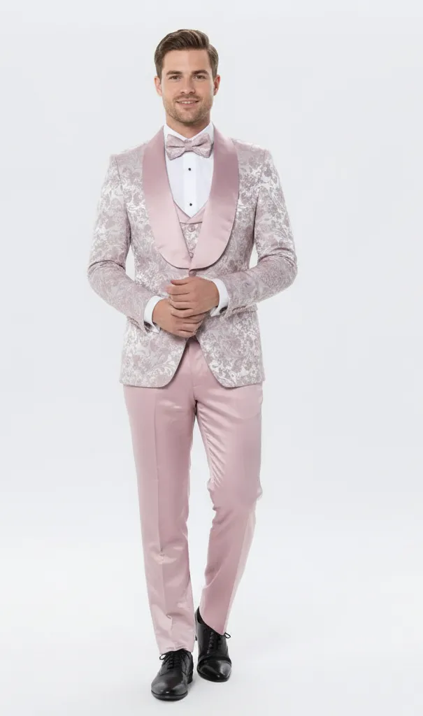 Mens Light Pink Dusty Rose - Floral Tuxedo Suit Luxury Satin Shawl Lapel 3-Piece Formal Wedding and Prom Suit in Blush Mauve color sold by Alberto Nardoni