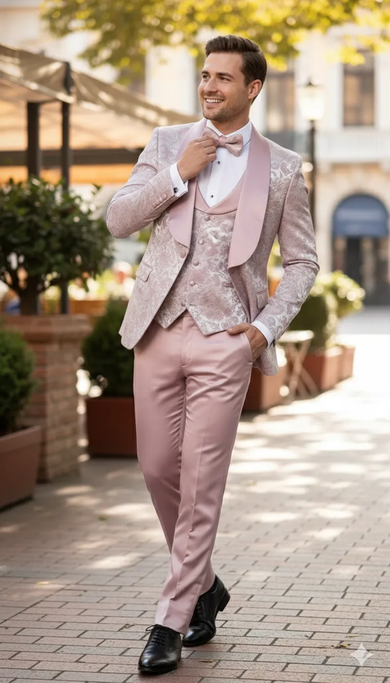 Mens Light Pink Dusty Rose - Floral Tuxedo Suit Luxury Satin Shawl Lapel 3-Piece Formal Wedding and Prom Suit in Blush Mauve color sold by Alberto Nardoni product image thumbnail 5