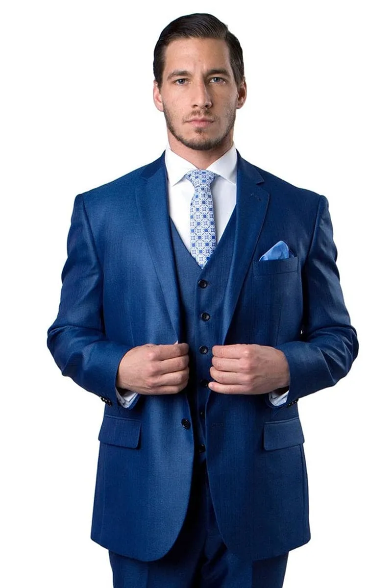 "Blue Sharkskin Business Suit for Men - Two Button Vested Style" sold by Alberto Nardoni