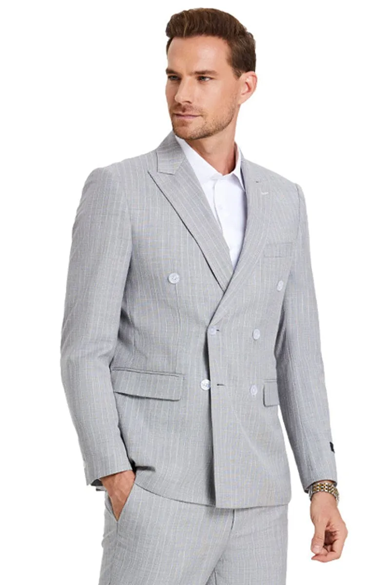 "Men's Slim Fit Double Breasted Pastel Grey Pinstripe Summer Suit" sold by Alberto Nardoni
