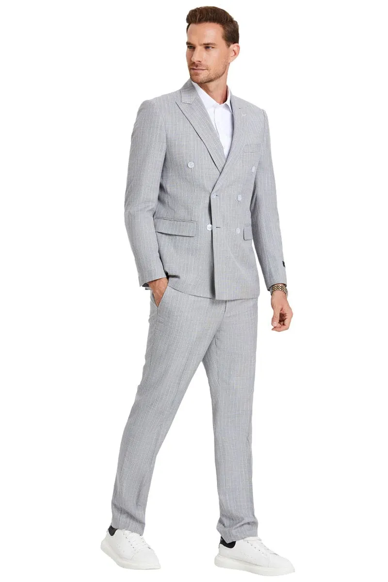 "Men's Slim Fit Double Breasted Pastel Grey Pinstripe Summer Suit" sold by Alberto Nardoni product image thumbnail 2